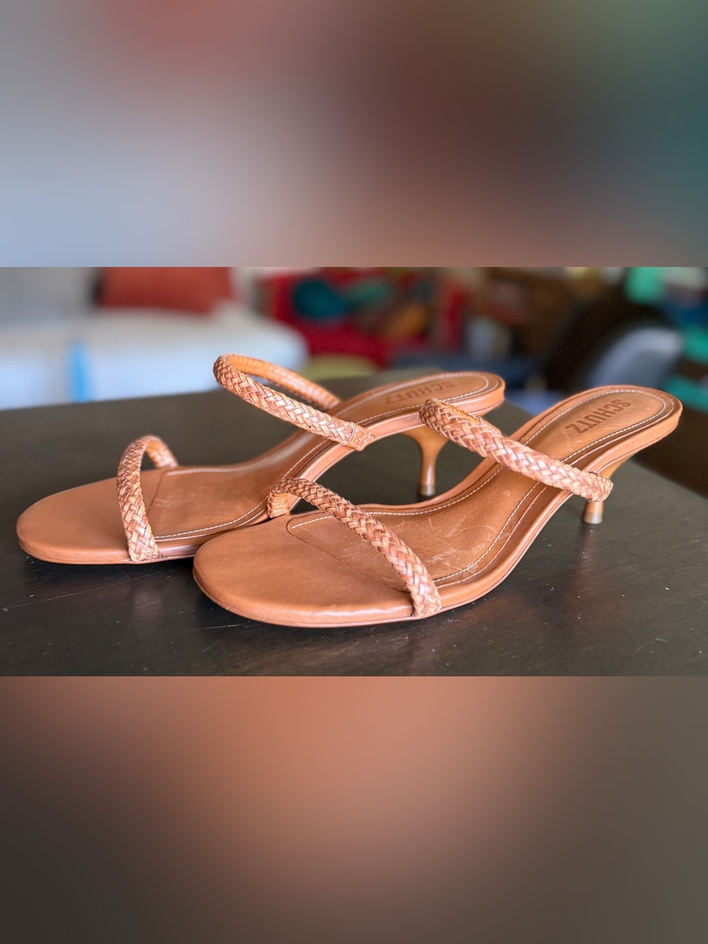 Schutz Women's Taliah Brown Braided Strap Kitten Heel Sandals